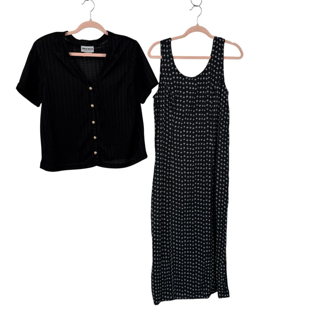 Vintage Caroline Wells 2 Piece Maxi Dress Cardigan size 14 black Floral 90's Y2K - Picture 2 of 15